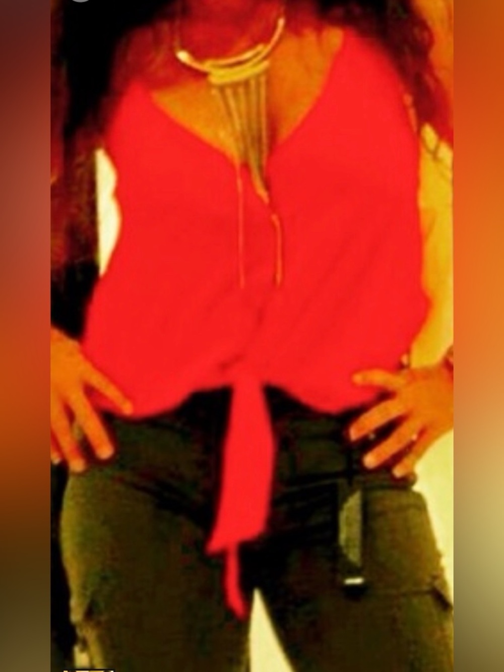 Buy this OUTFIT! BEBE.Red top,stretch cargos, black bebe heels size 9,necklace - Picture 2 of 3